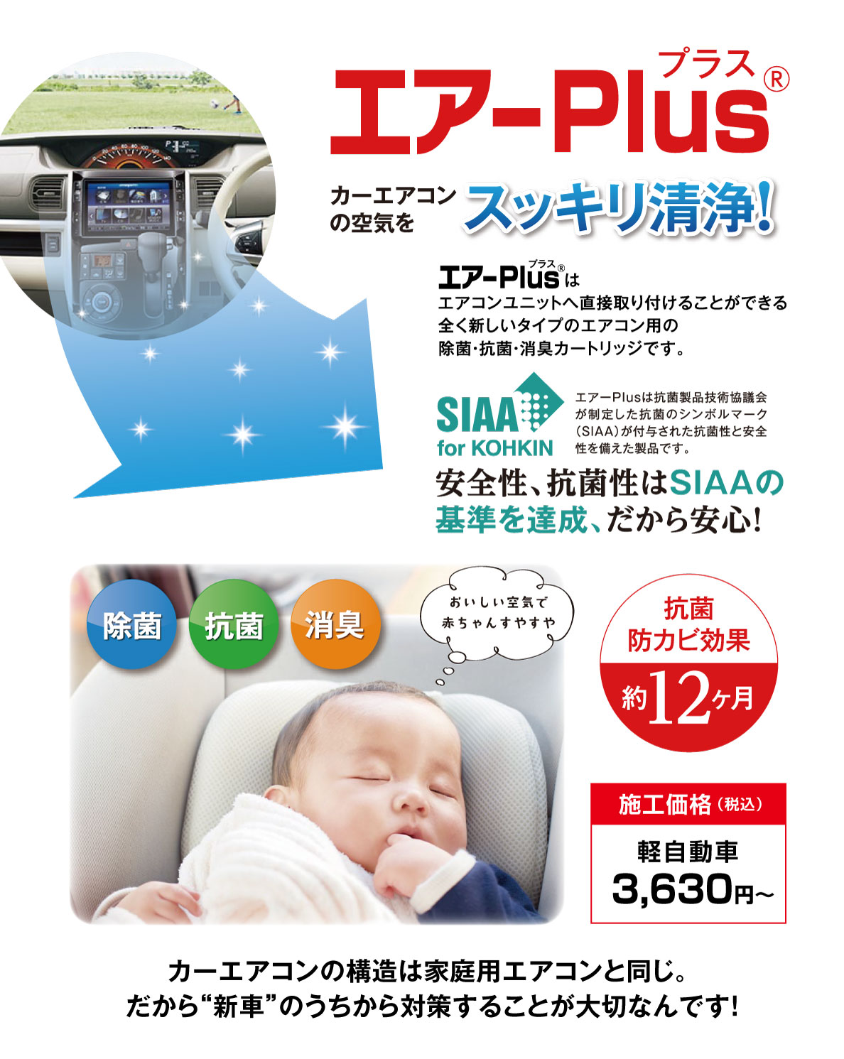 エア-Plus プラス® カーエアコンの空気を スッキリ清浄! エア-Plusは エアコンユニットへ直接取り付けることができる 全く新しいタイプのエアコン用の 除菌・抗菌・消臭カートリッジです。 SIAA for KOHKIN エアーPlusは抗菌製品技術協議会 が制定した抗菌のシンボルマーク （SIAA）が付与された抗菌性と安全 性を備えた製品です。 安全性、抗菌性はSIAAの 基準を達成、だから安心! 除菌 抗菌 消臭 おいしい空気で 赤ちゃんすやすや 抗菌 防カビ効果 約12ヶ月 施工価格（税込） 軽自動車 3,630円〜 カーエアコンの構造は家庭用エアコンと同じ。 だから“新車”のうちから対策することが大切なんです!